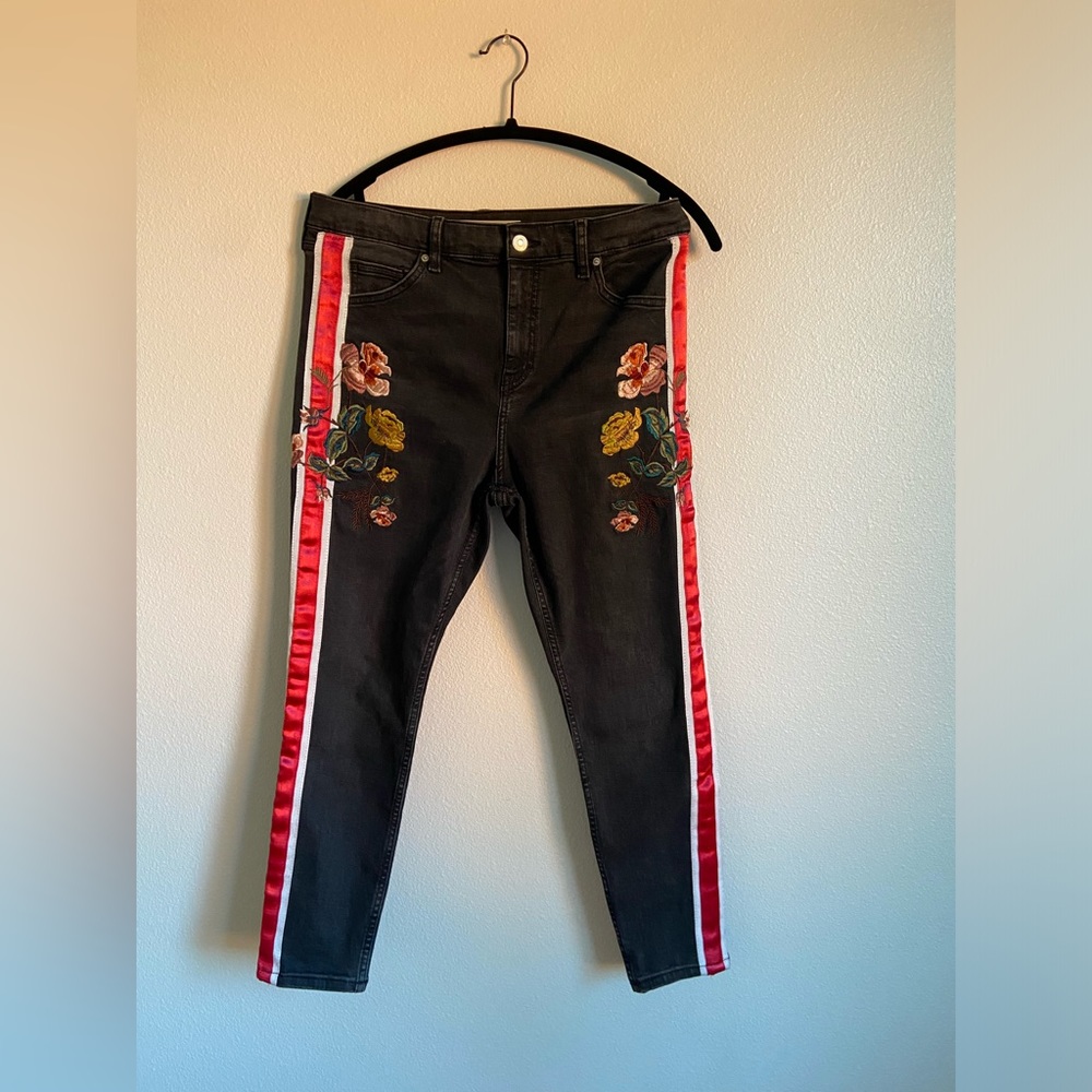 Topshop Black Jeans with Red & White Side Stripes and Floral Embroidery